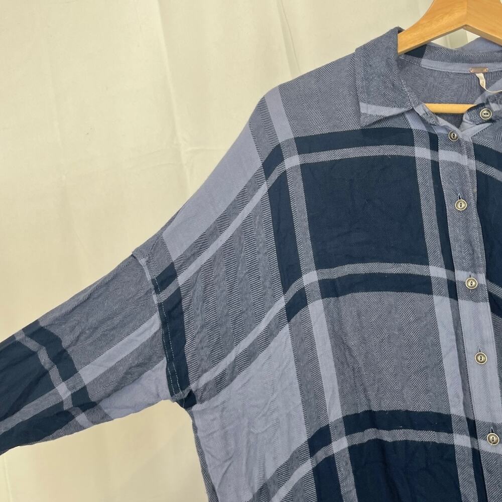 FREE PEOPLE Plaid Button Front Tunic Top Oversize Long Sleeve Shirt Blue Size M - Picture 5 of 10